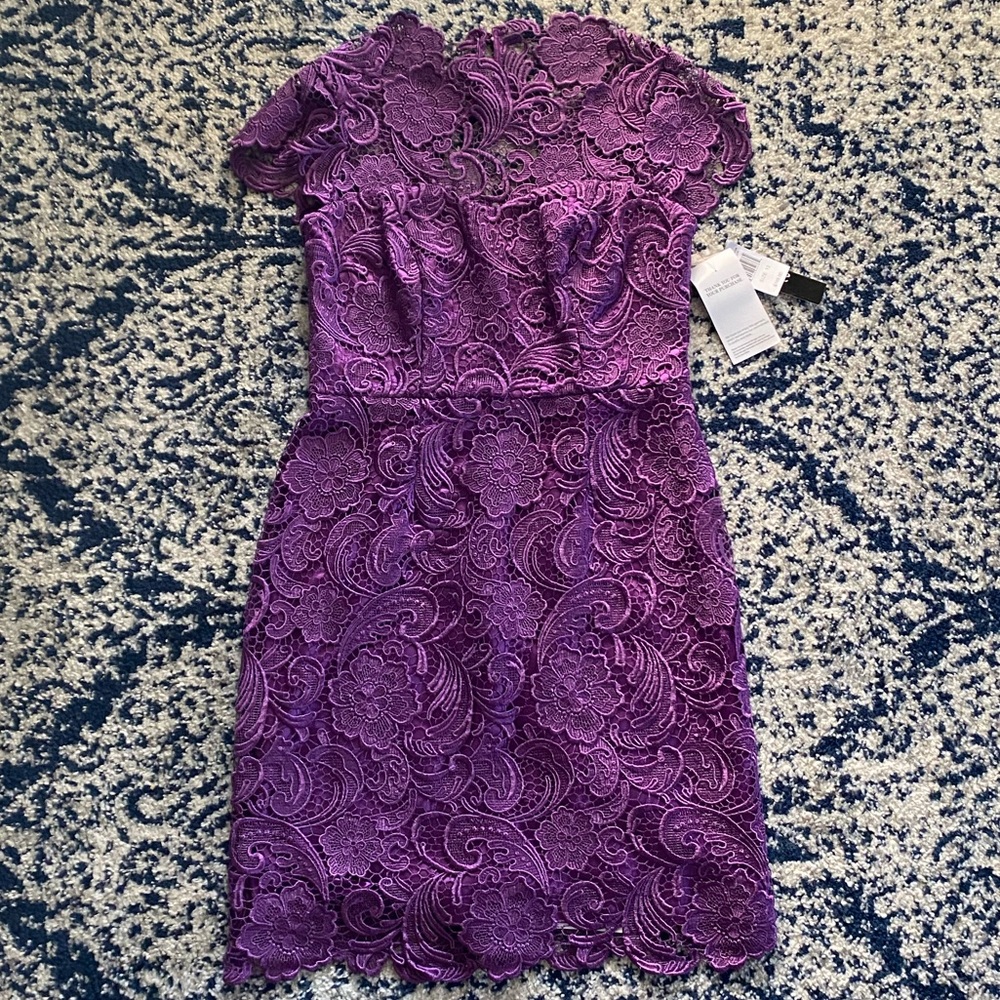 NWT DECODE 1.8 Scalloped Lace Sheath Dress Purple Size 12